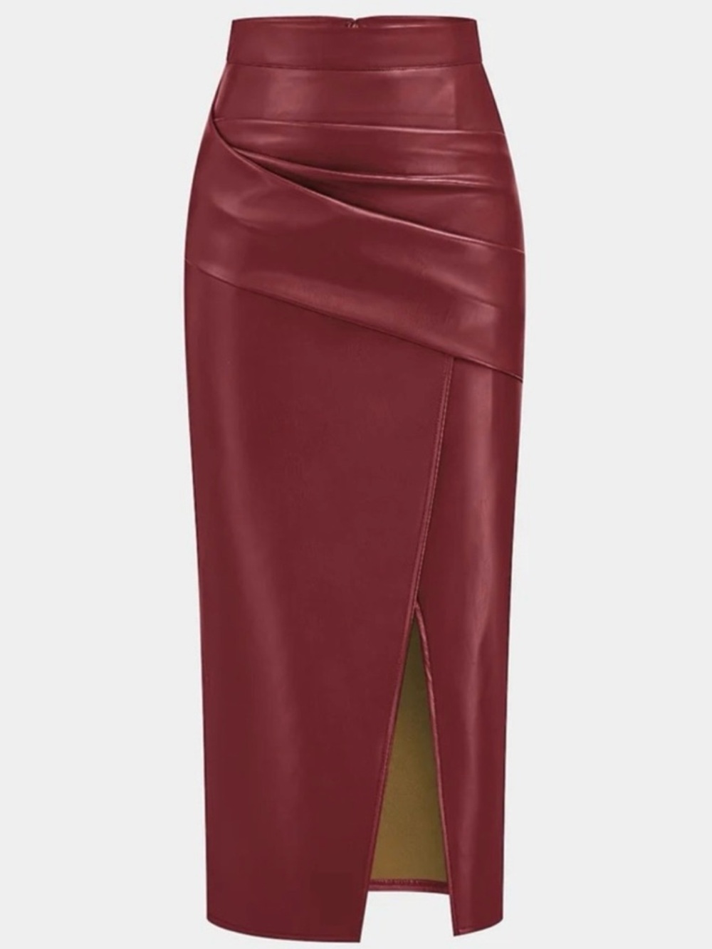Commense Red/Burgundy Ruched Faux Leather Pencil Skirt with Front Slit